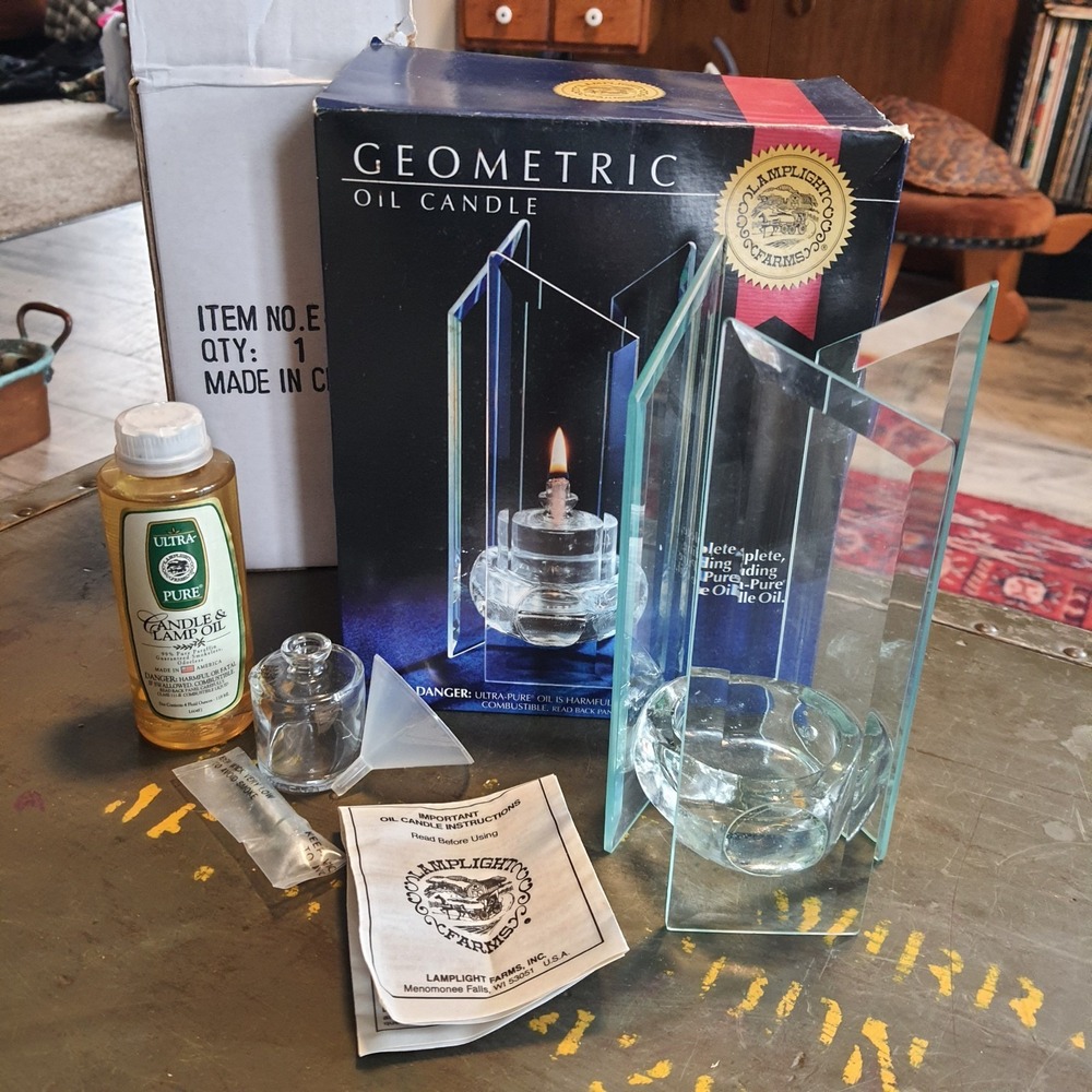 Vintage Geometric Oil Candle Clear Blue Glass Lamplight Farms Complete Kit